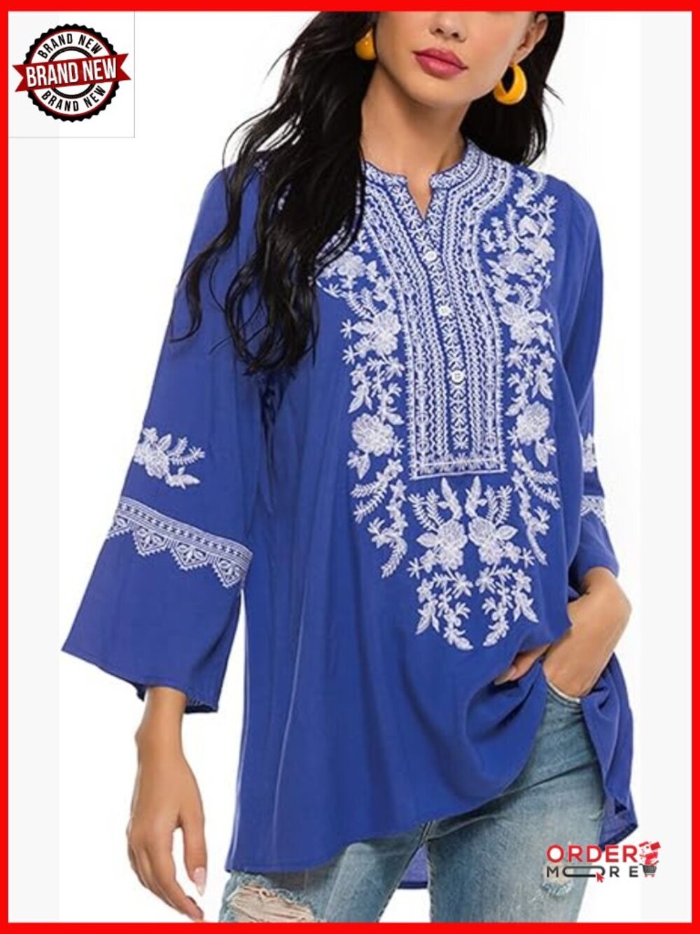 Traditional Mexican Embroidered Peasant Tunic Top 3/4 Sleeve Floral